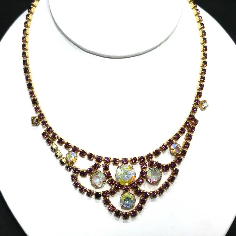 Vintage Purple AB Clear Rhinestone Choker Necklace, Gold Plated, Aurora Borealis